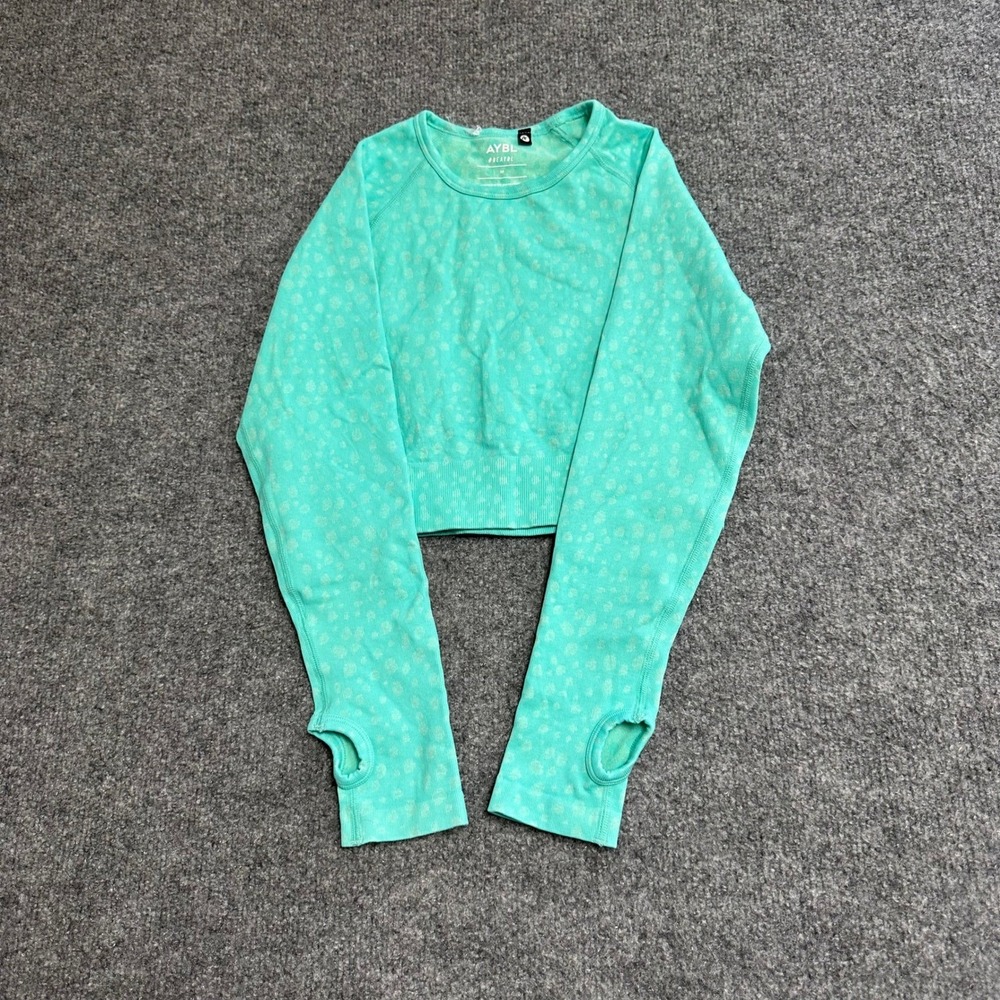 AYBL Crop Top Womens Size M Teal Green Animal Print Long Sleeve Thumbhole Gym